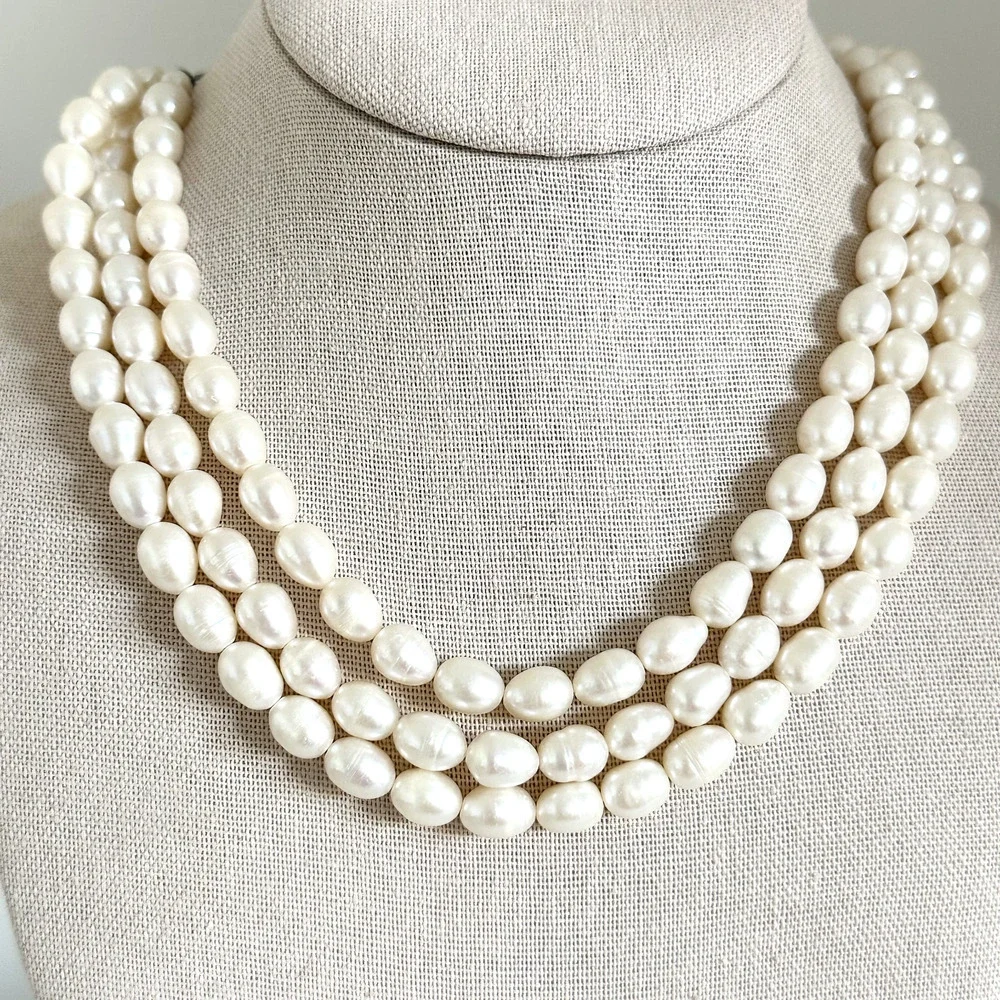 925 Sterling Silver Vintage Genuine Pearl Chunky Triple Strand 3 Row Necklace